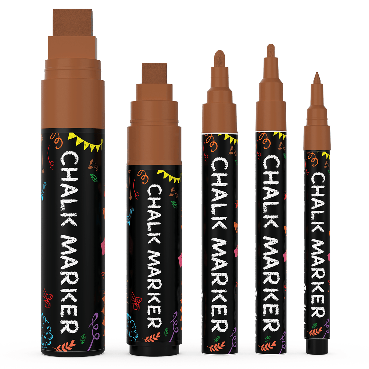 Colored Chalk Markers with Fine and Jumbo Nibs - Variety Pack of 5 Pens Brown 