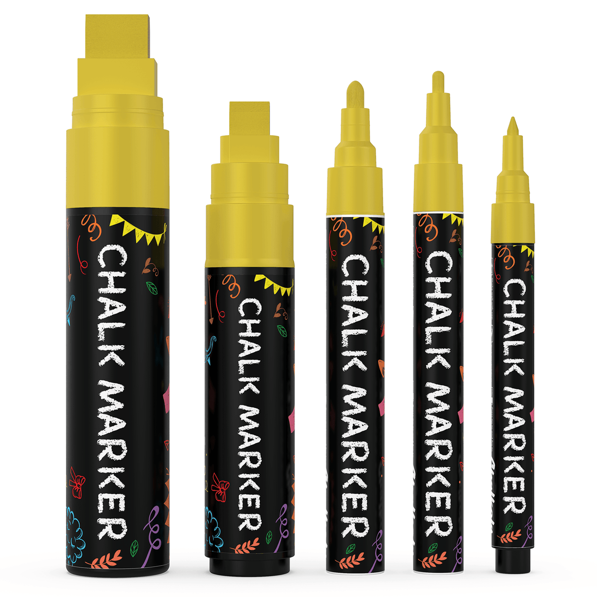 Colored Chalk Markers with Fine and Jumbo Nibs - Variety Pack of 5 Pens Gold 