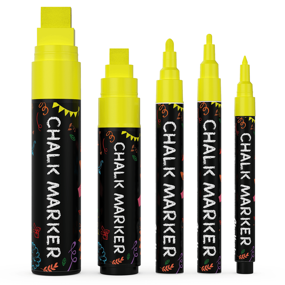 Colored Chalk Markers with Fine and Jumbo Nibs - Variety Pack of 5 Pens Yellow 