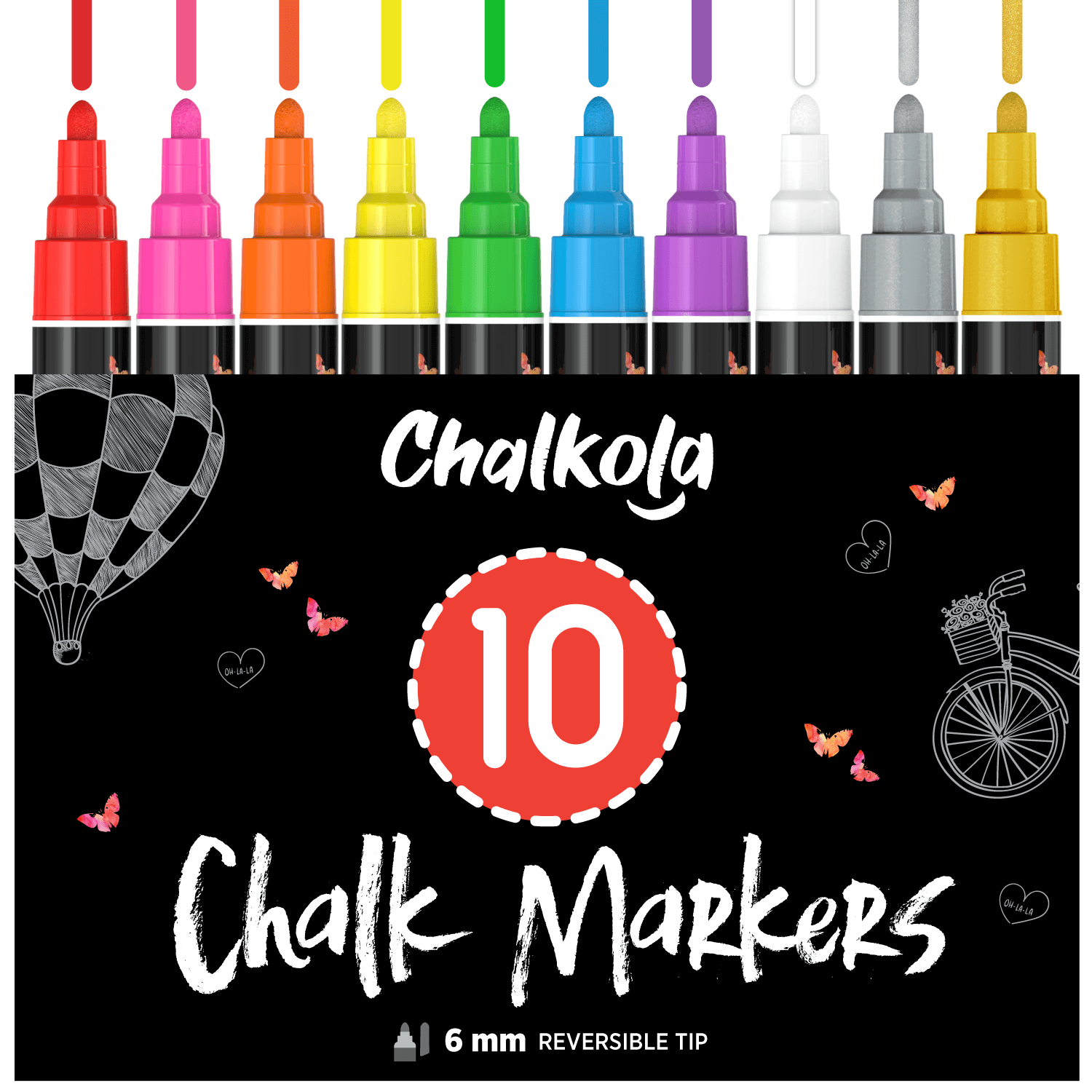 Liquid Chalk Markers (10 Pack) with Gold & Silver - 6mm Reversible Nib