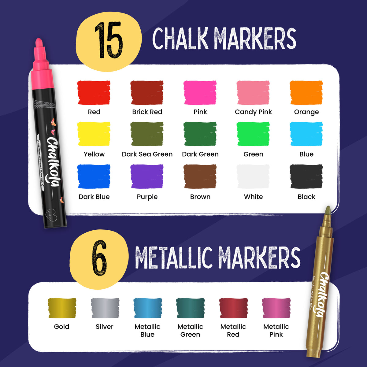 Neon, Classic &amp; Metallic Colors Chalk Markers with 6mm Reversible Nib - Pack of 21 Pens