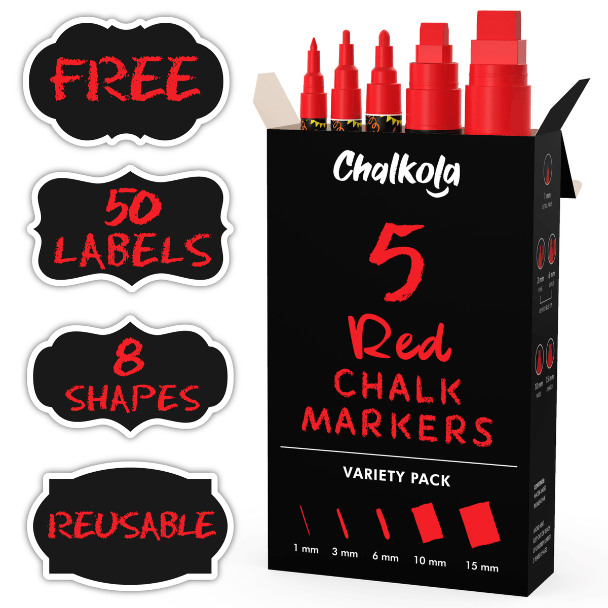 Colored Chalk Markers with Fine and Jumbo Nibs - Variety Pack of 5 Pens 