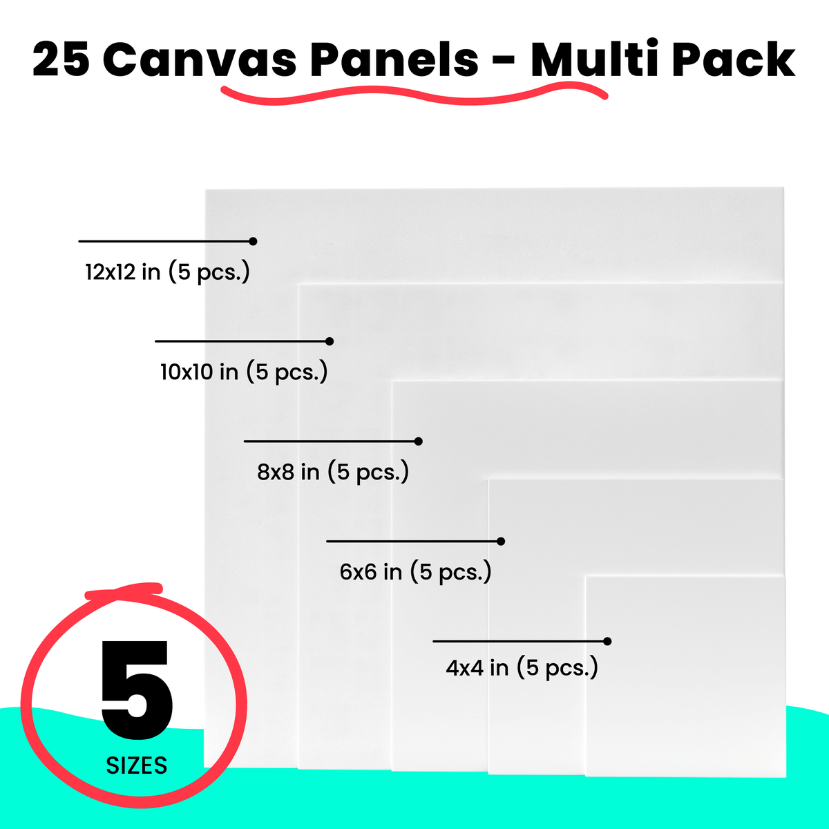 Painting Canvas Panels | 4x4, 6x6, 8x8, 10x10, 12x12 inch (5 Each, 25 Pack) 