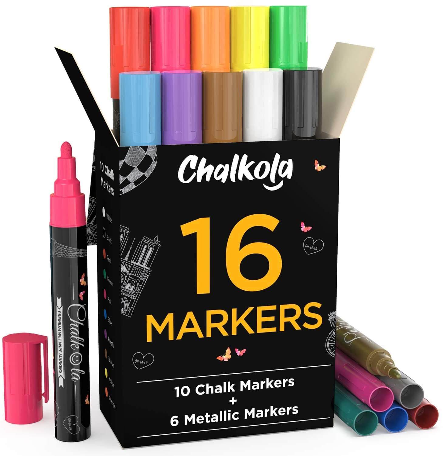 Chalk Markers - Pack of 16 | 6mm Reversible Nib Neon & Metallic Colors