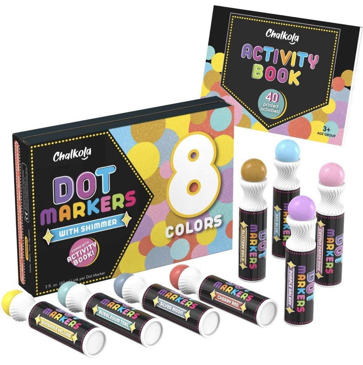 Washable Dot Markers For Kids with Shimmer Pack of 8 with Activity Book