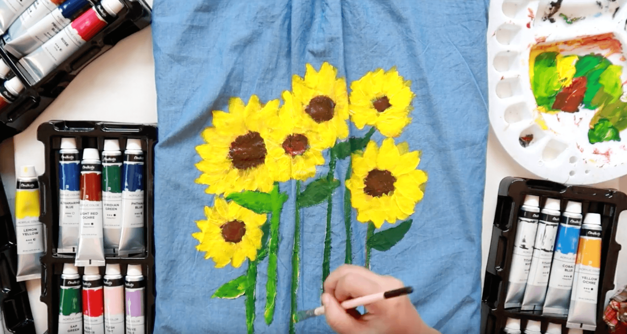Hand Painted Sunflower on DIY Denim Dress Using Acrylic Paint