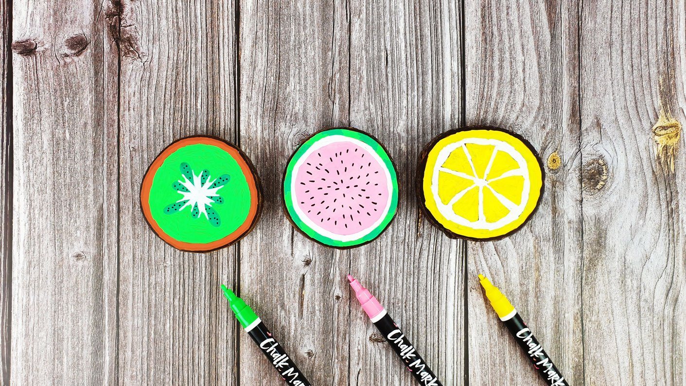 Wooden Coasters With Kiwi, Watermelon, And Lemon Designs
