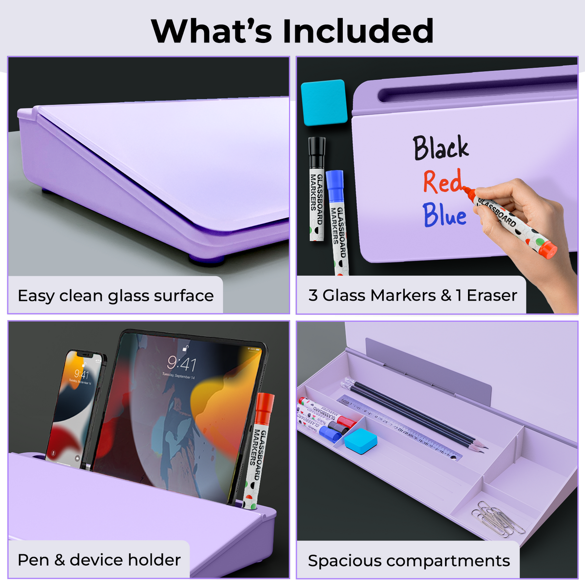 Chalkola Glass Desktop Whiteboard with Storage