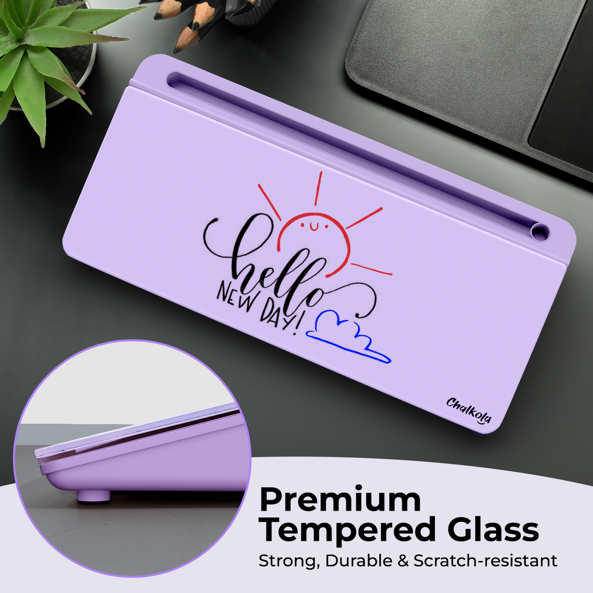 Chalkola Glass Desktop Whiteboard with Storage