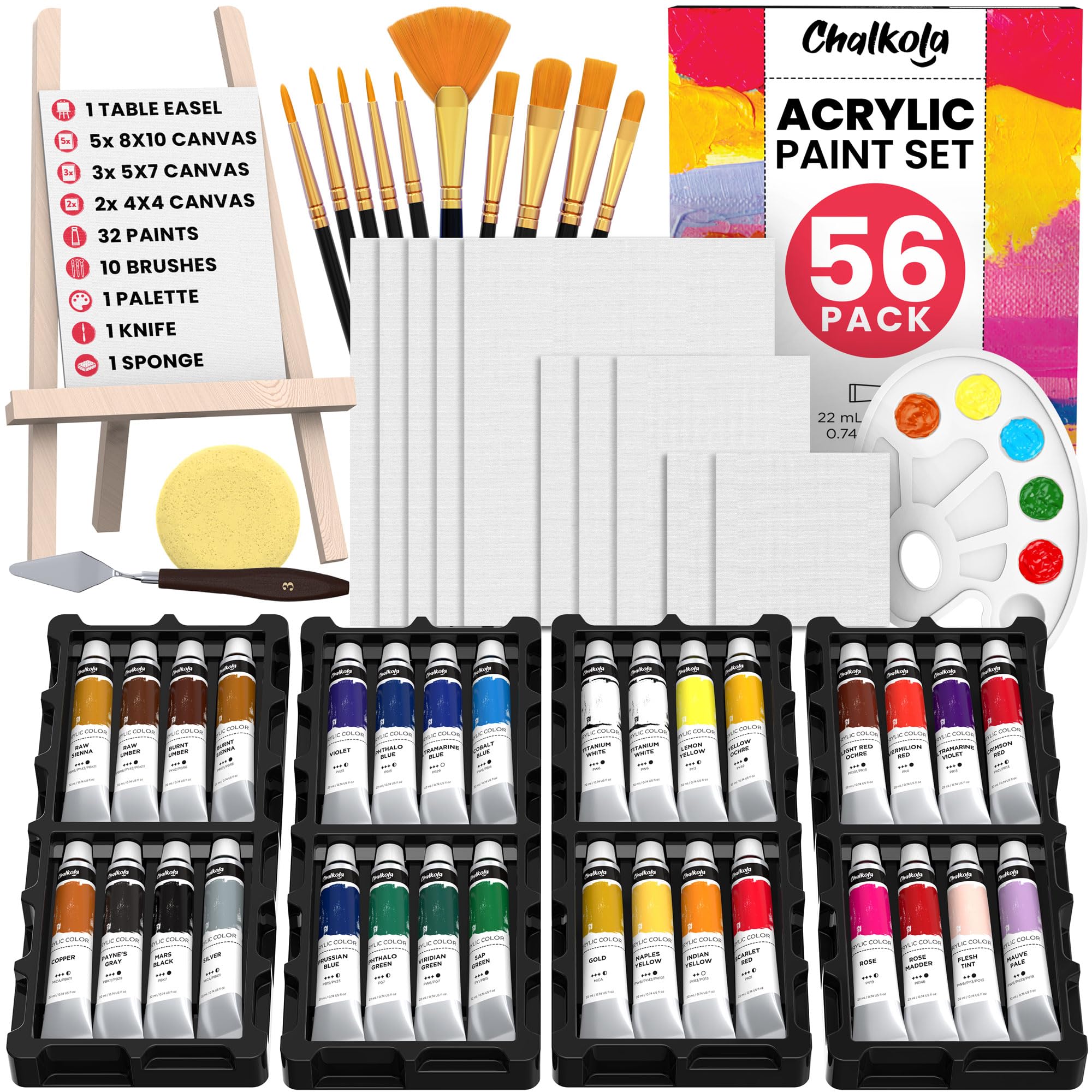 Acrylic Paint Set, 22ml Tubes - Set of 64 - Chalkola Art Supply