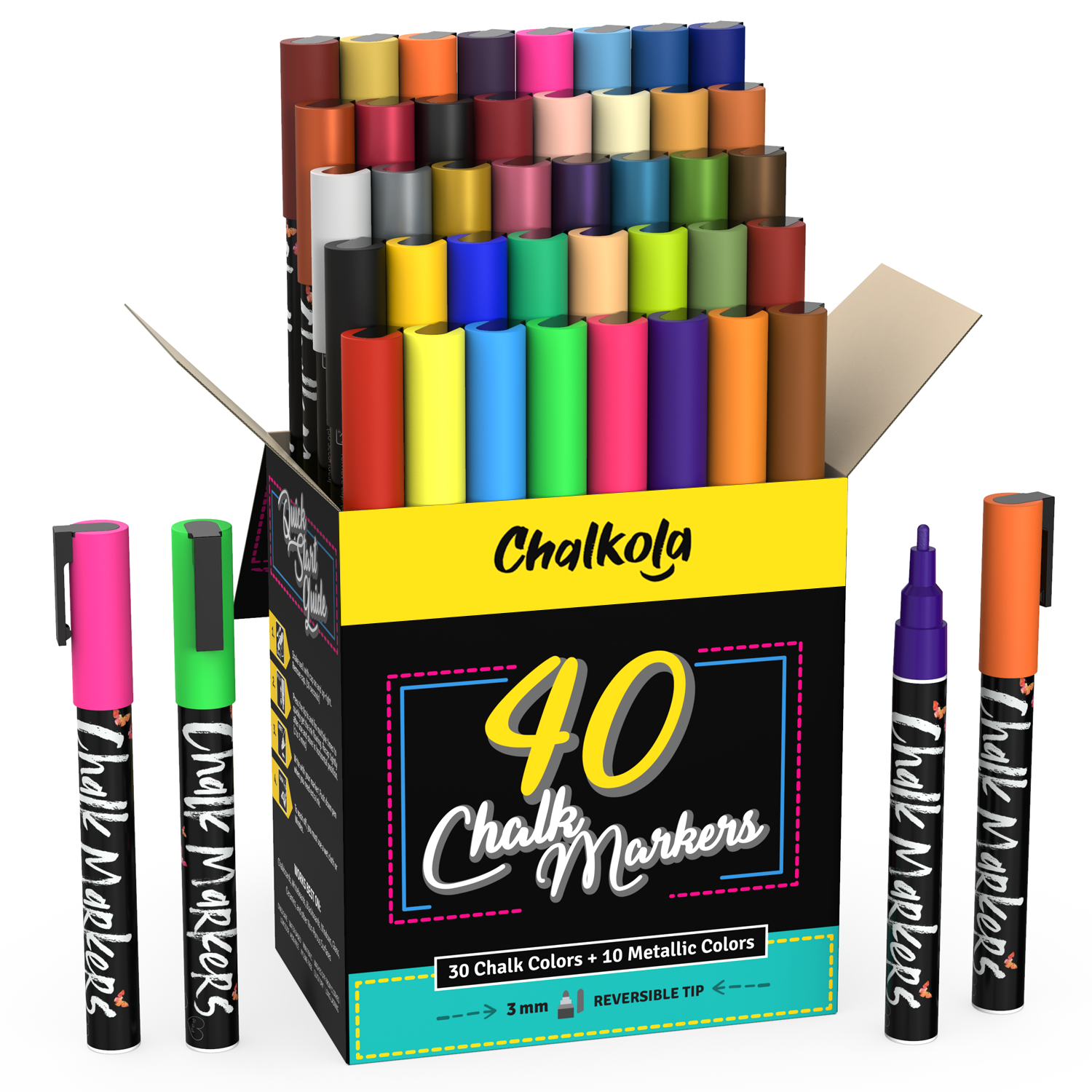 Chalkola Chalk Markers - Pack of 40 (Neon, Classic Metallic) Chalk Pens -  For