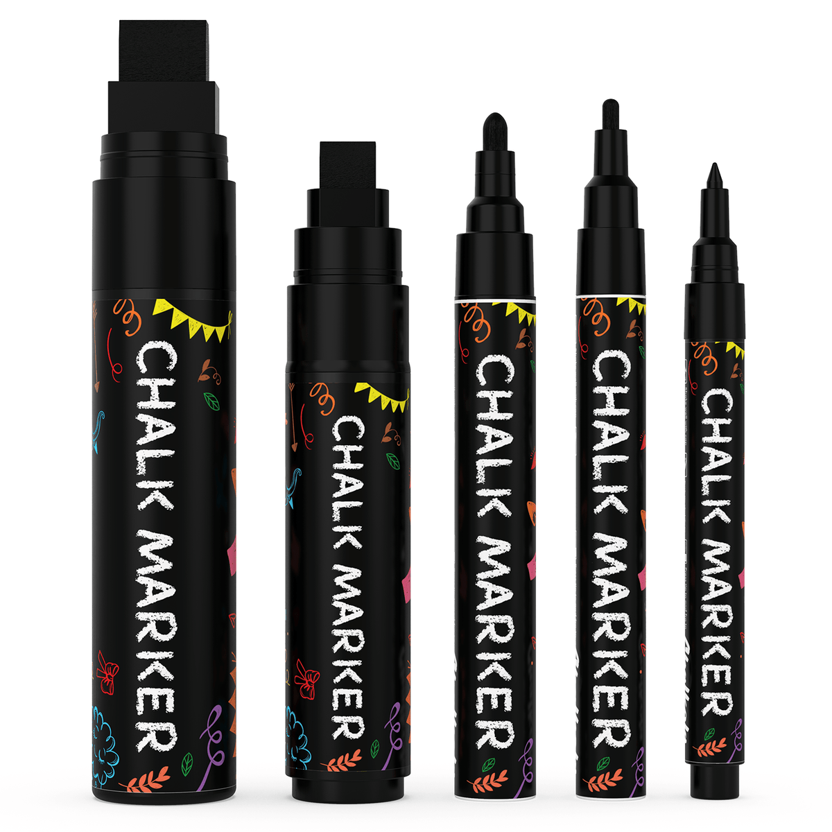 Colored Chalk Markers with Fine and Jumbo Nibs - Variety Pack of 5 Pens Black 