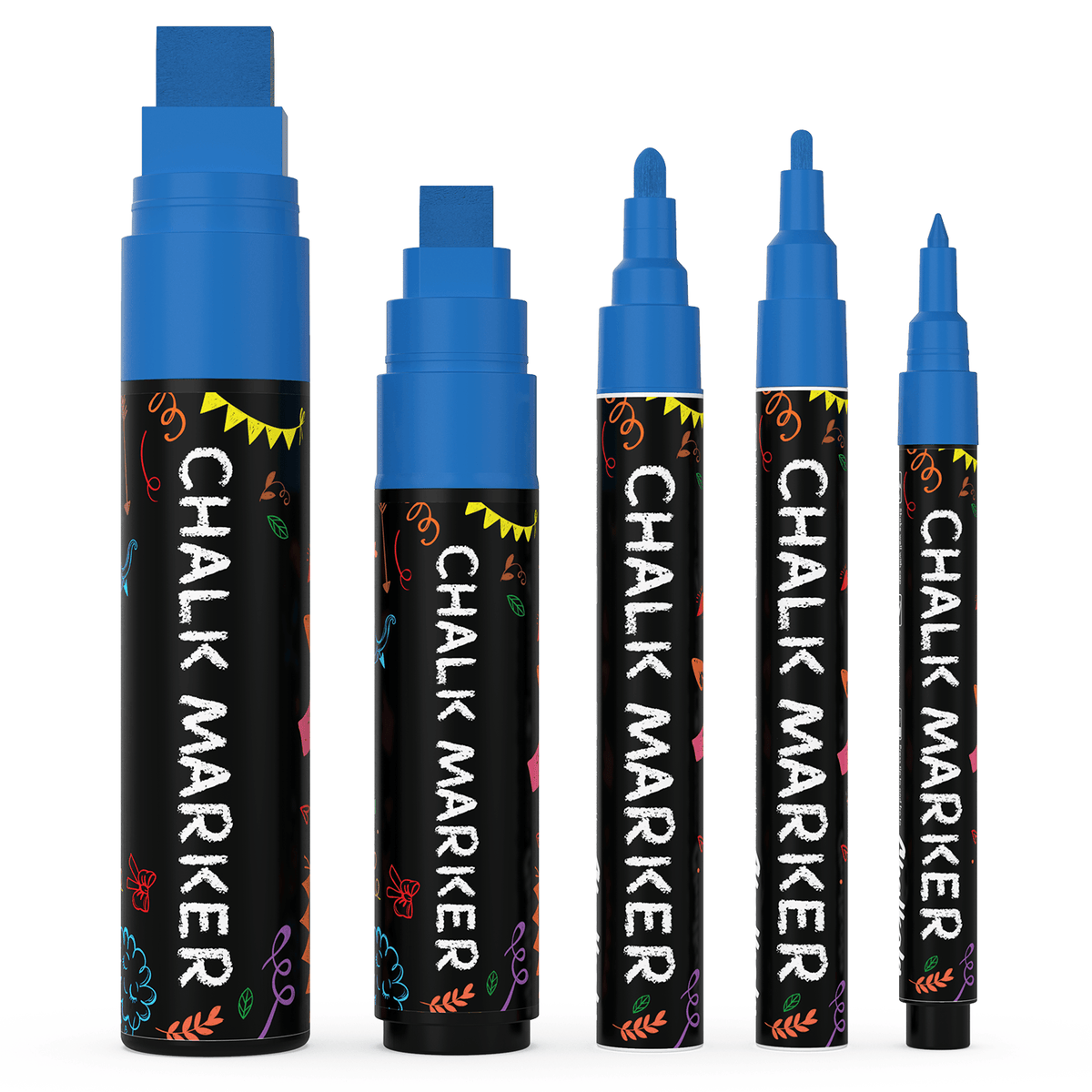 Colored Chalk Markers with Fine and Jumbo Nibs - Variety Pack of 5 Pens Blue 
