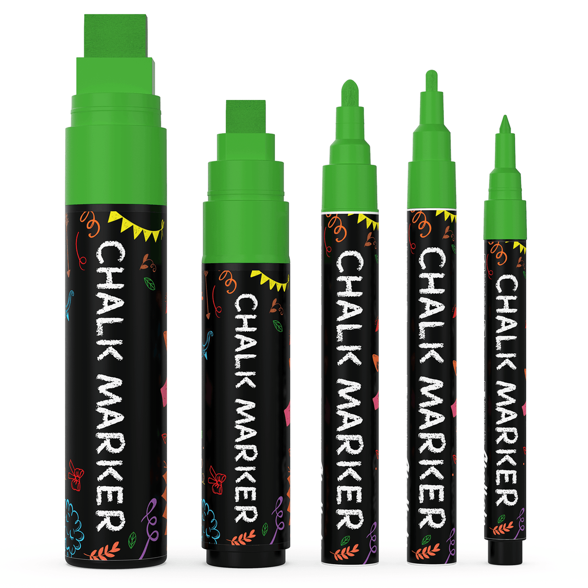 Colored Chalk Markers with Fine and Jumbo Nibs - Variety Pack of 5 Pens Green 