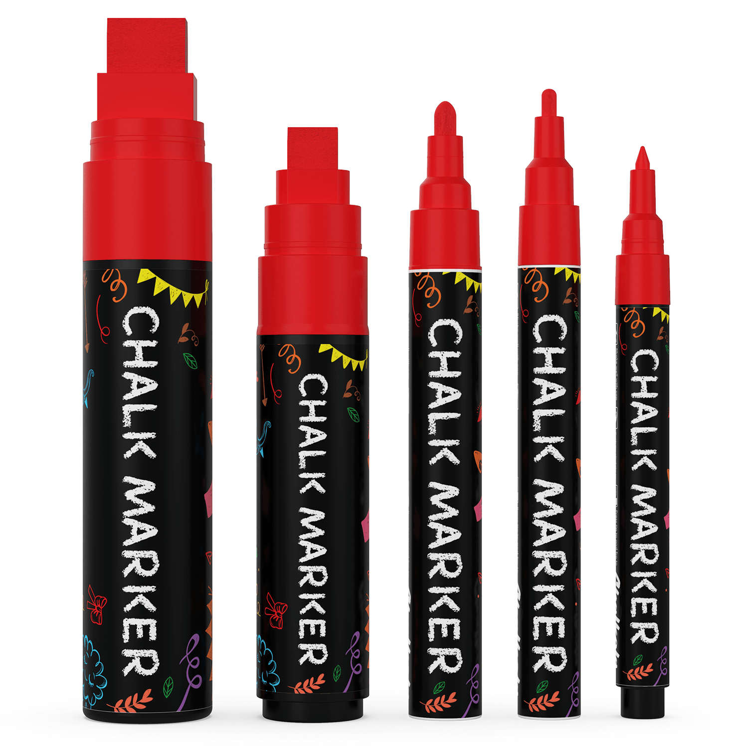 Colored Chalk Markers with Fine and Jumbo Nibs - Variety Pack of 5 Pens Red 