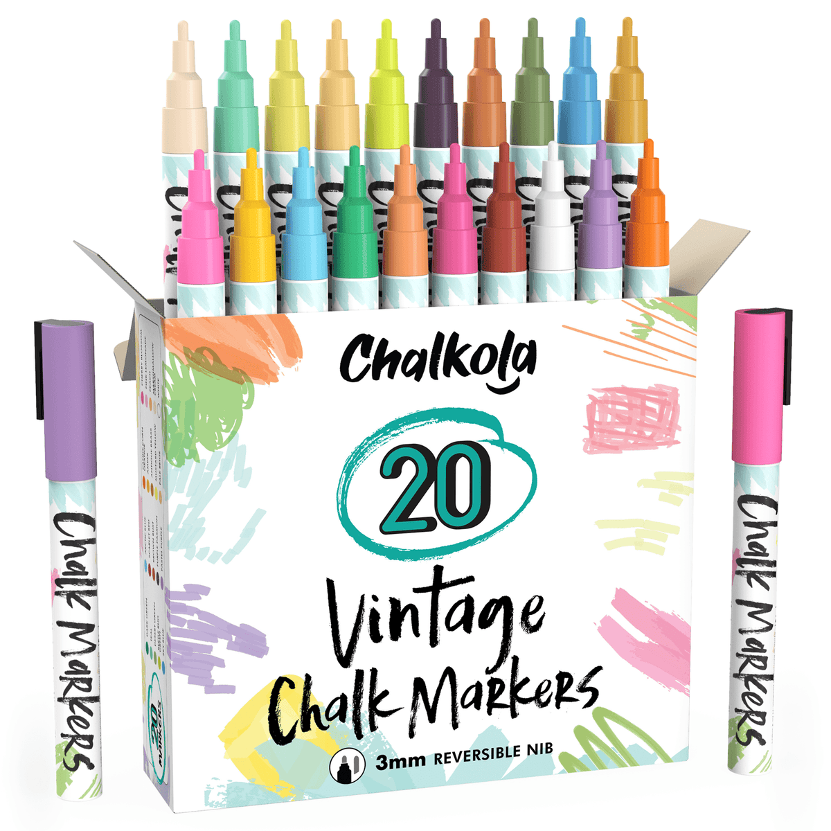 Vintage Colors Chalk Markers - Pack of 20 Pens 3MM TIP 