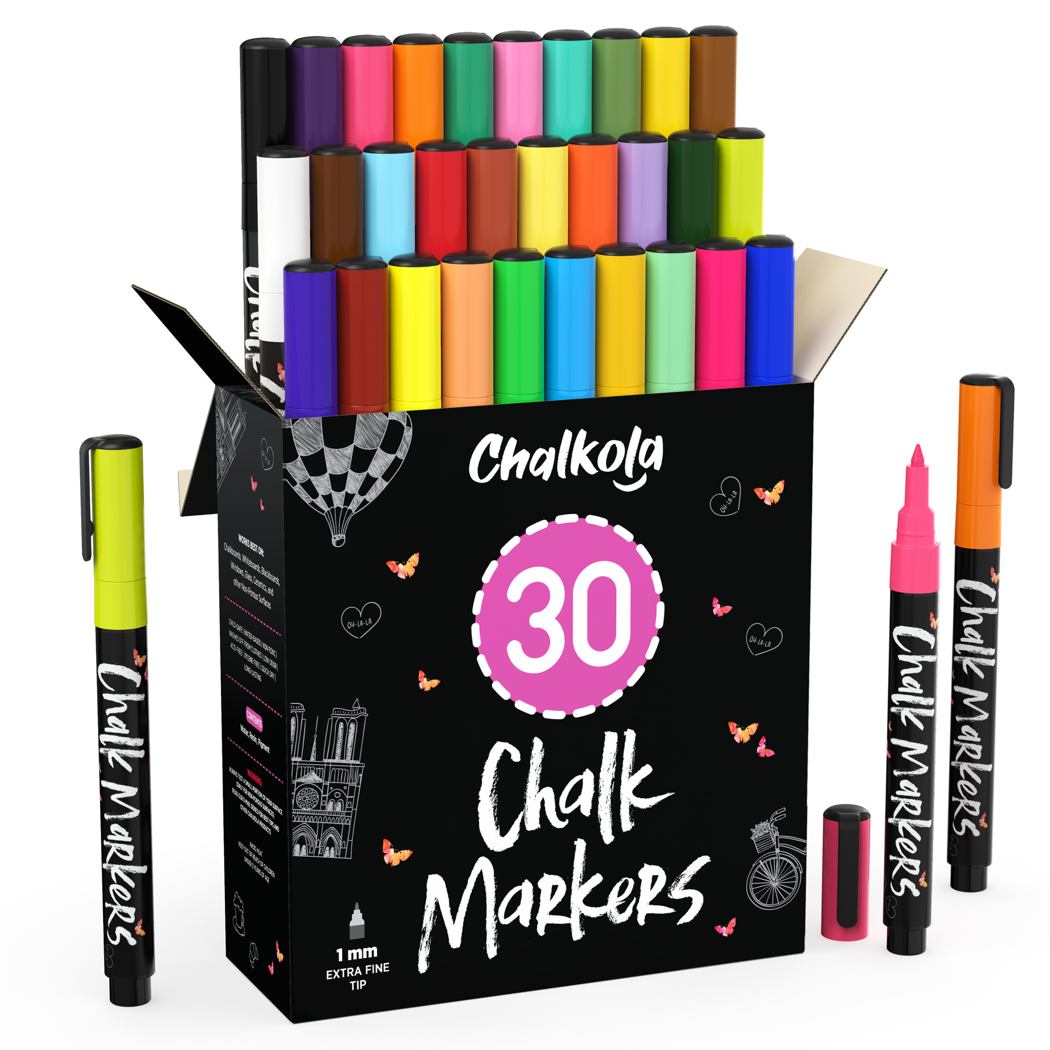 Neon & Pastel Chalk Markers - Pack of 30 Pens - Chalkola Art Supply