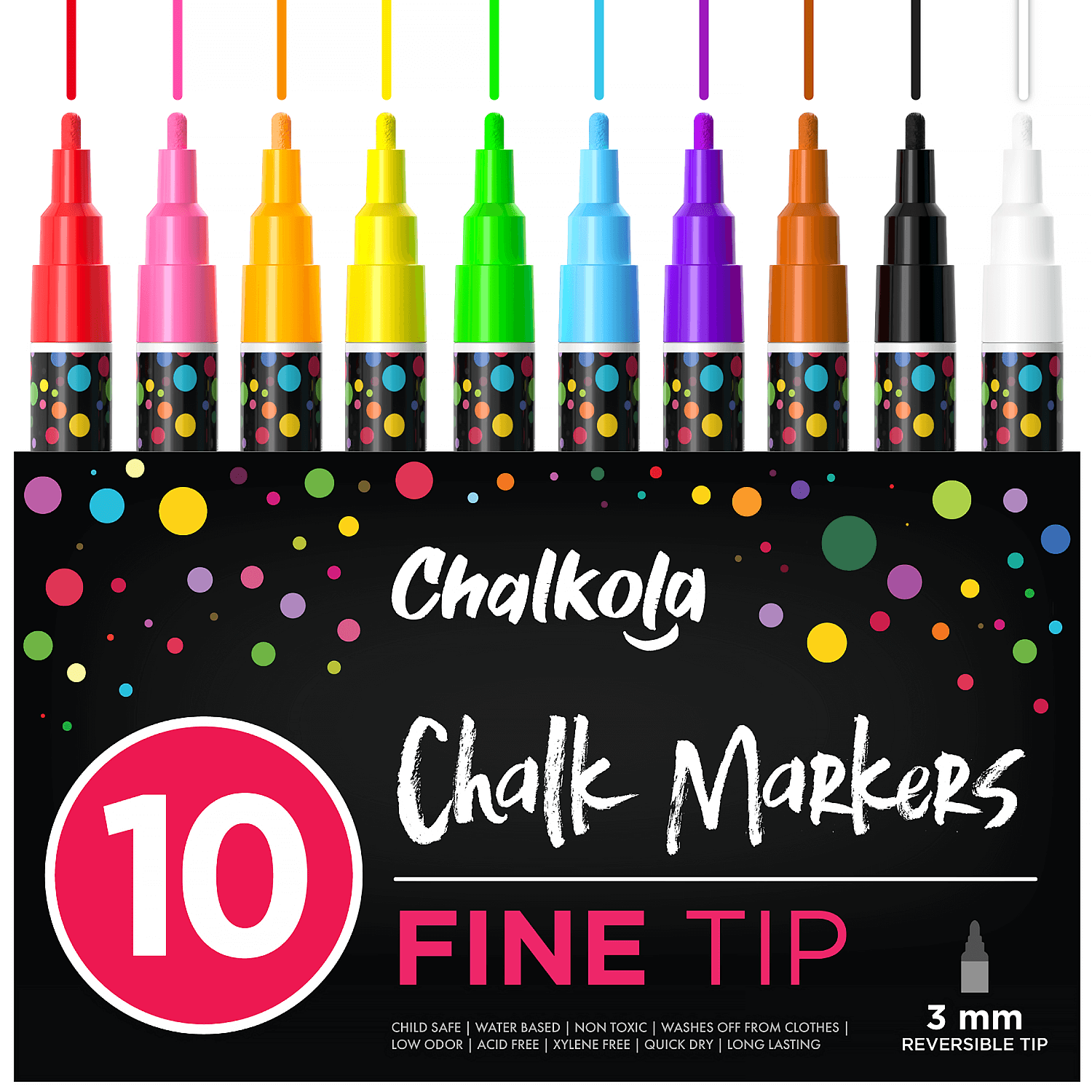 Chalk Markers - 3mm Fine Reversible Nib Neon Color | Pack of 10