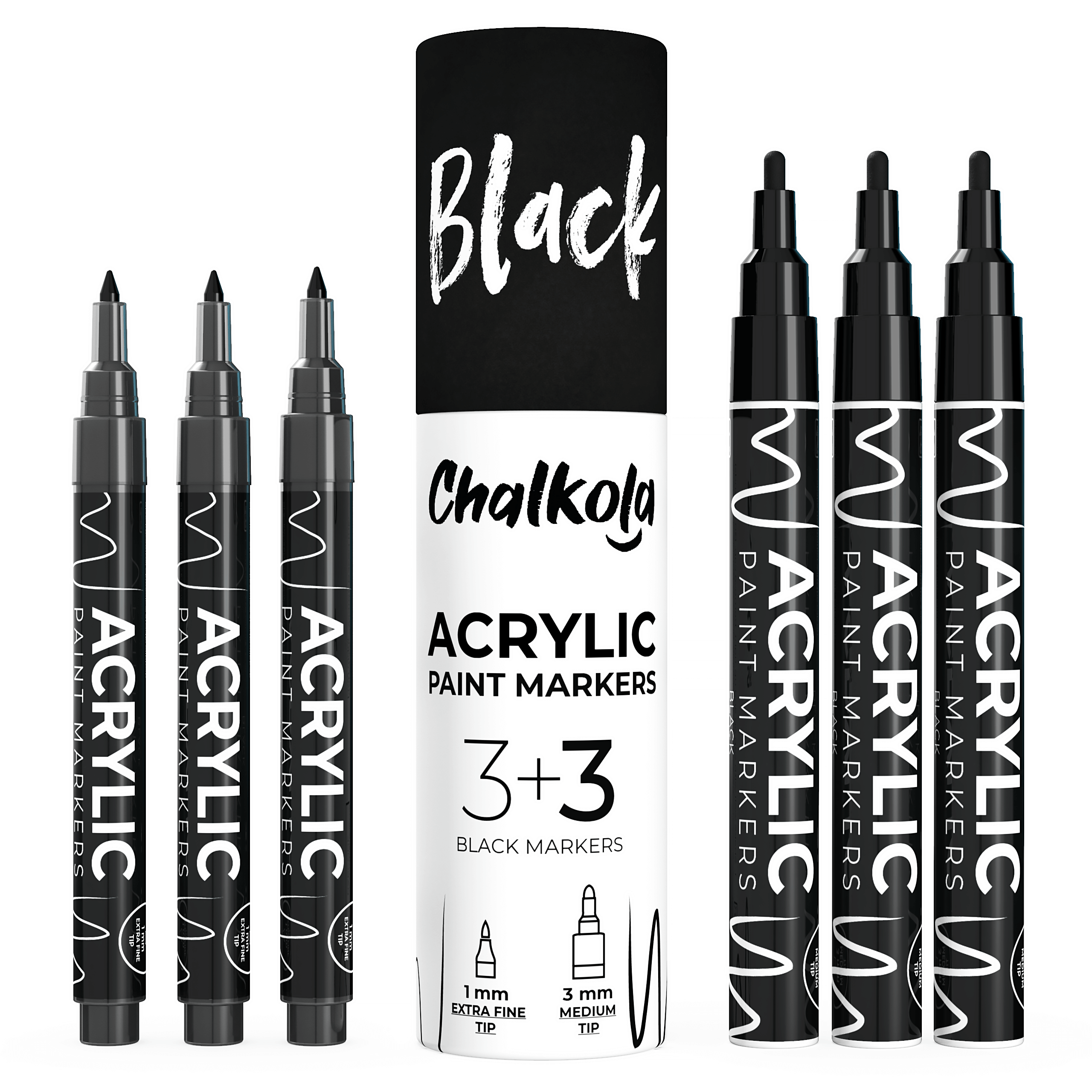 Black Acrylic Paint Marker Pens - Pack of 6, Extra Fine and Medium Tip