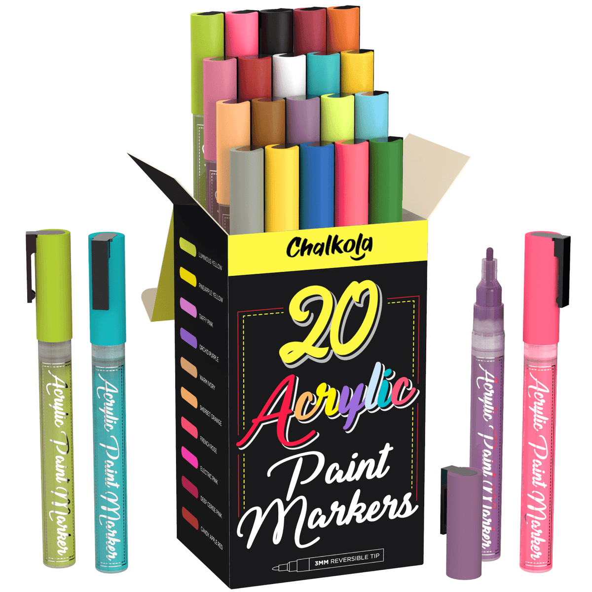 Acrylic Paint Marker Pens - Pack of 20 3mm Fine 