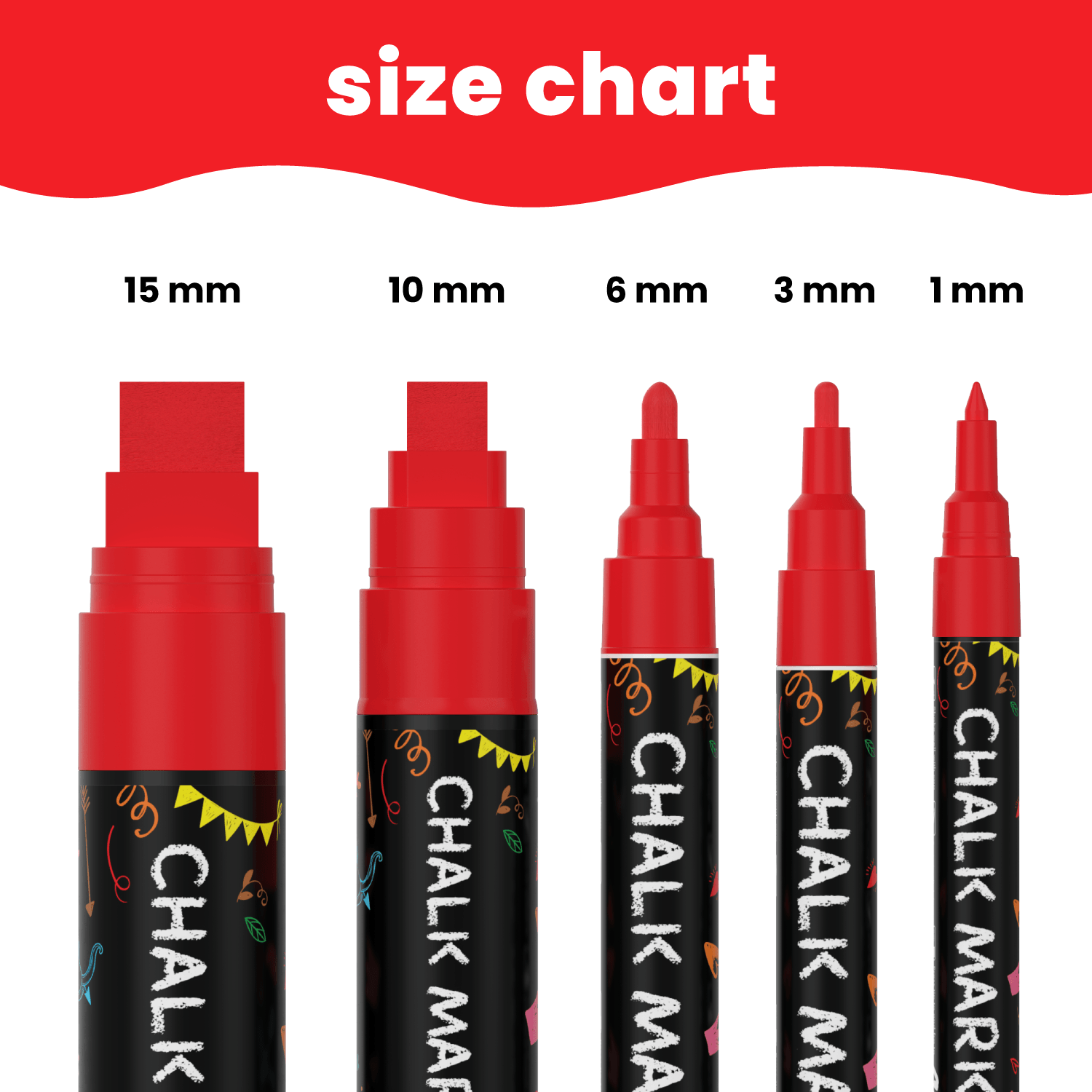 Single Colored Chalk Markers (Fine to Jumbo Nibs) - Variety Pack of 5 -  Chalkola Art Supply