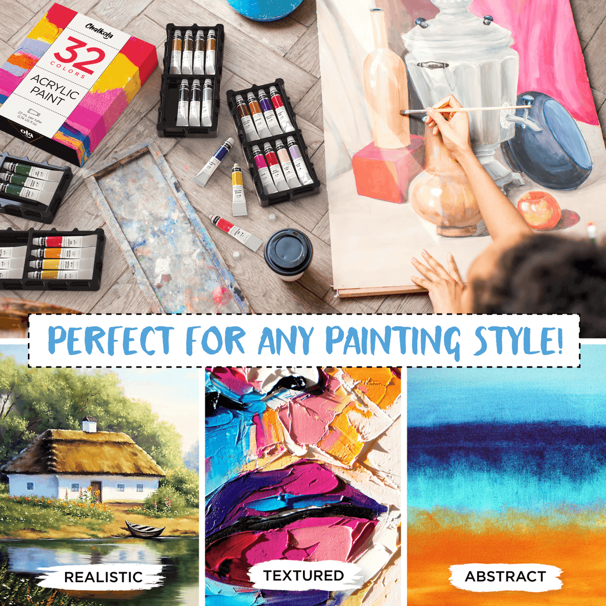 Artists&#39;s Bundle: 32 Acrylic Premium Artist Paint + 20 Canvas Panels