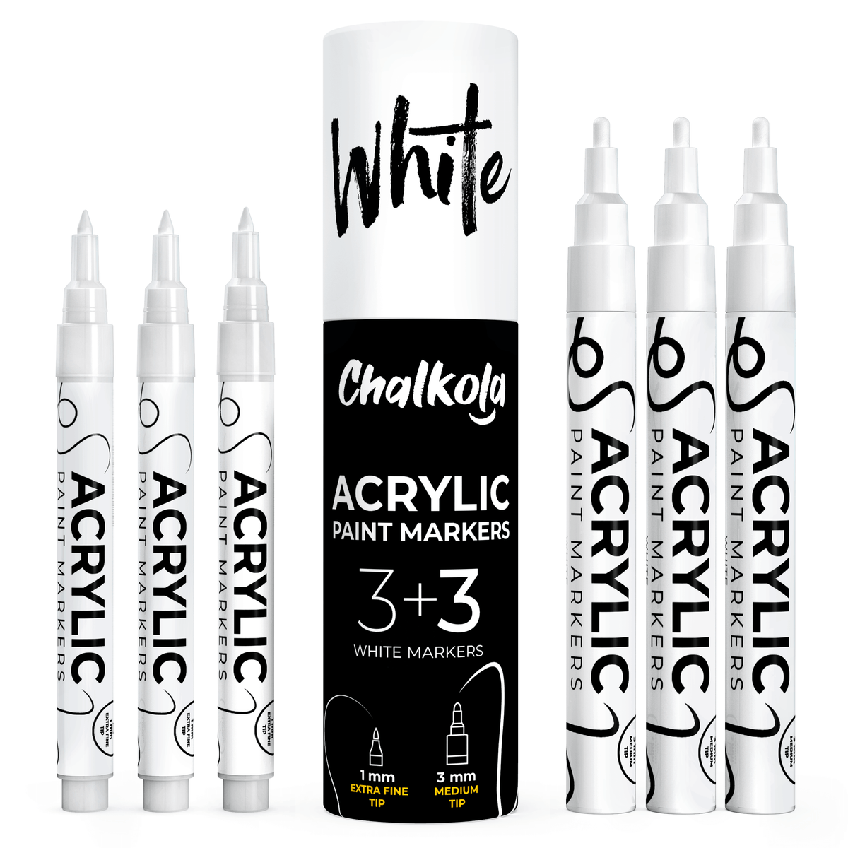 Black Acrylic Paint Marker Pens - Pack of 6, Extra Fine and Medium Tip