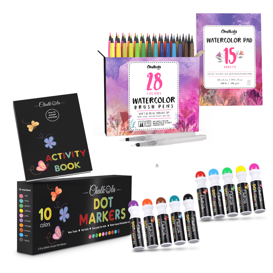 Bundle for Kids: Watercolor Brush Pens + Washable Dot Markers 