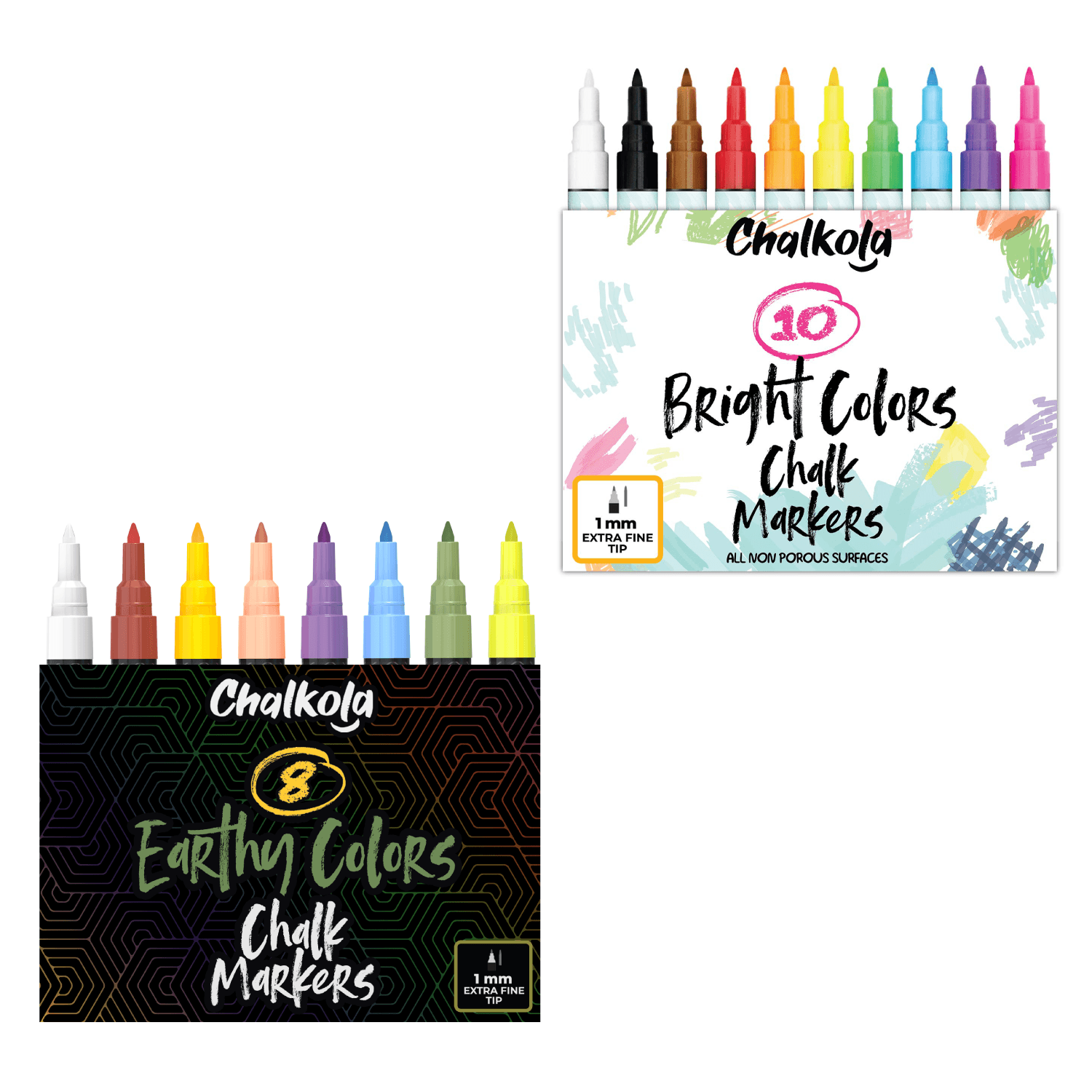 Bundle: 1mm Chalk Markers - Extra Fine Nib  Neon & Earth Colors - Chalkola  Art Supply