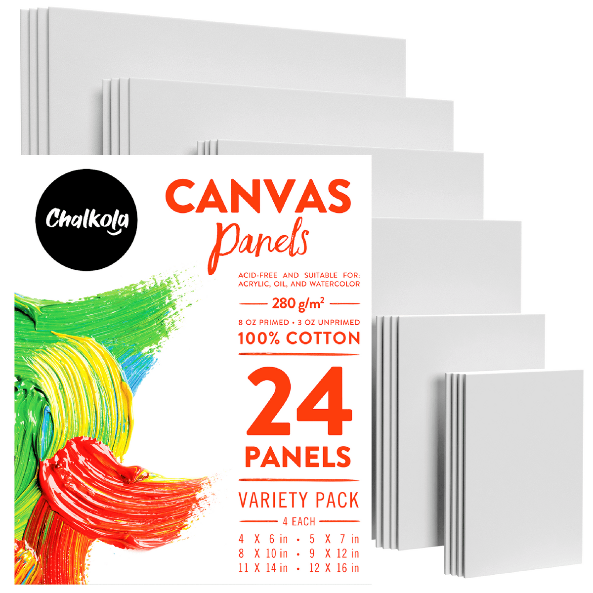 Painting Canvas Panels | 4x6, 5x7, 8x10, 9x12, 11x14, 12x16 inch (4 Each, 24 Pack) 