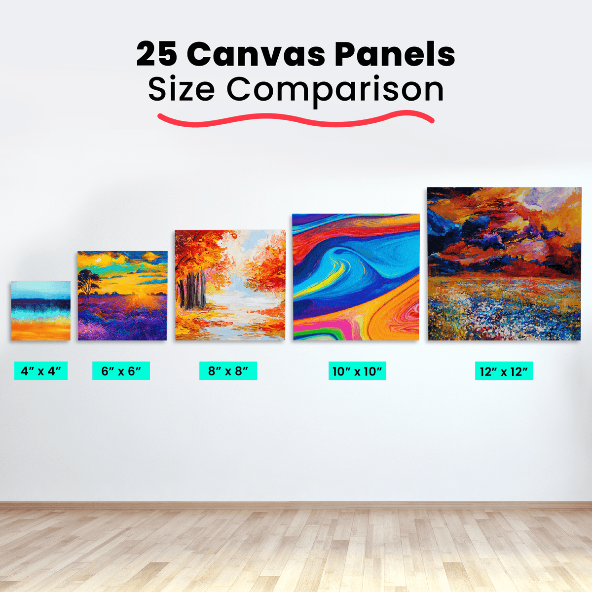 Painting Canvas Panels | 4x4, 6x6, 8x8, 10x10, 12x12 inch (5 Each, 25 Pack) 