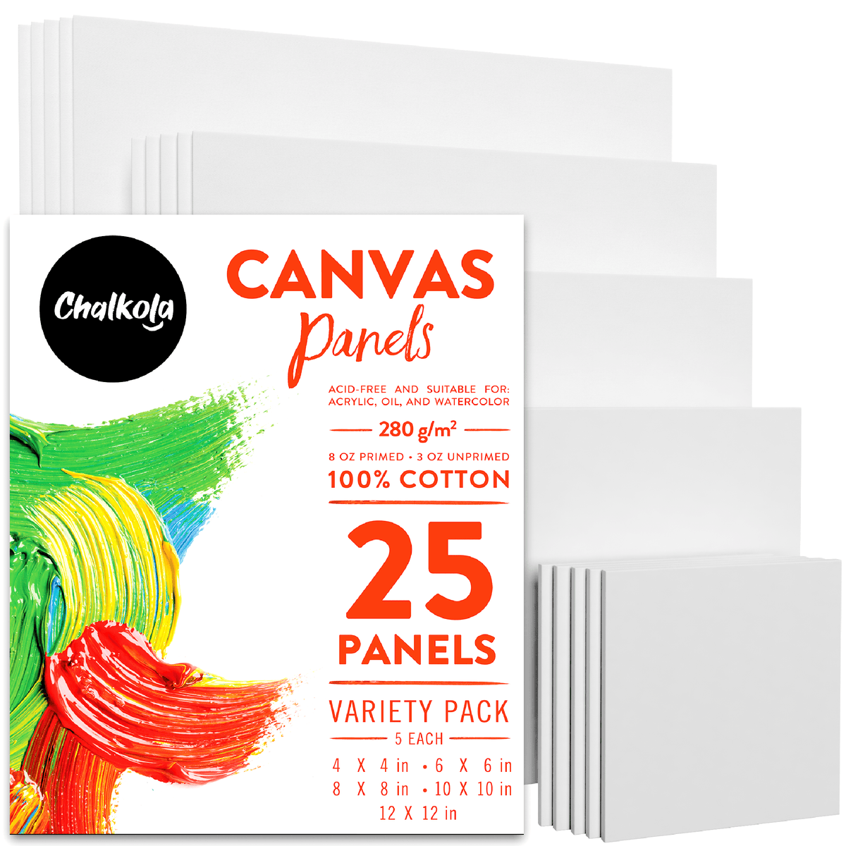 Painting Canvas Panels | 4x4, 6x6, 8x8, 10x10, 12x12 inch (5 Each, 25 Pack) 