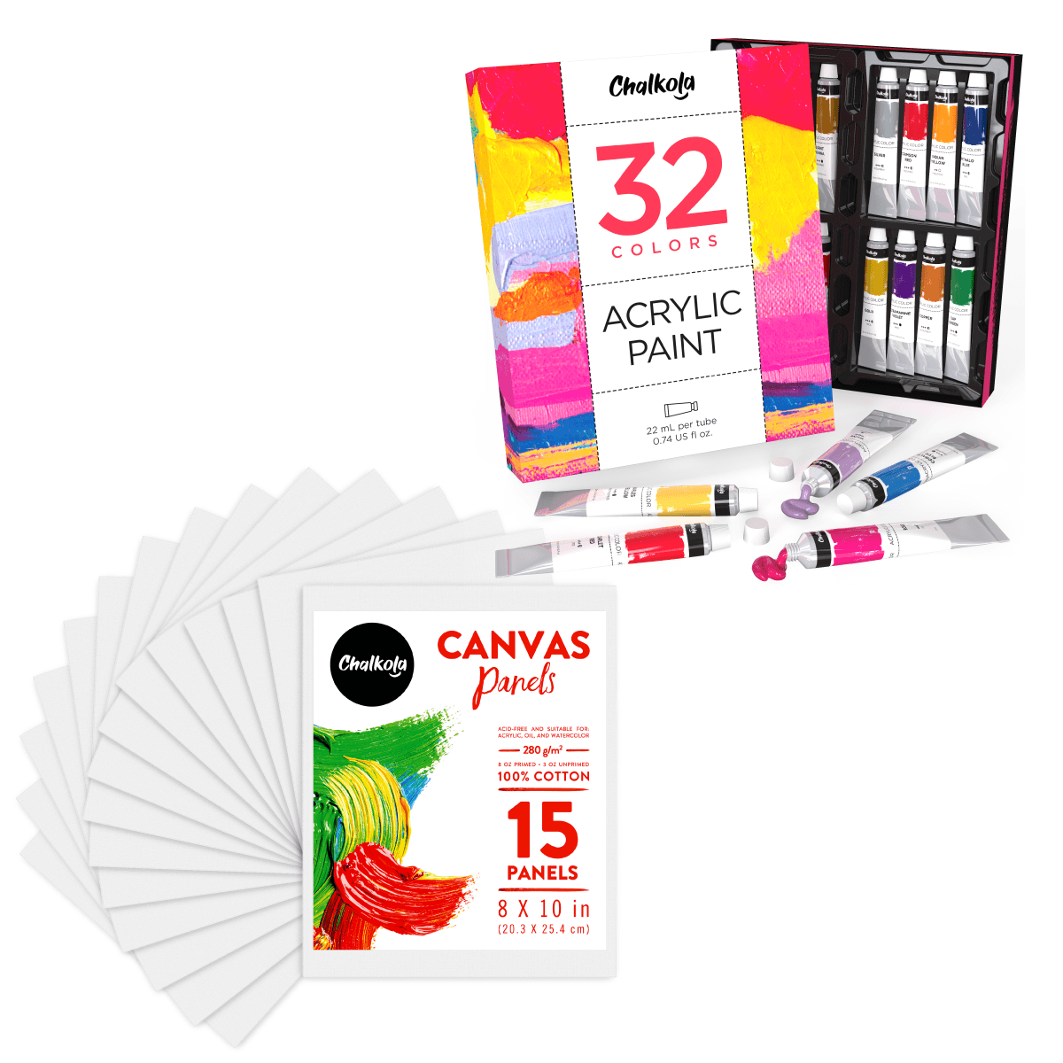 Artist's Bundle: 32 Acrylic Paint + 15 Canvas Panels - Chalkola Art Supply