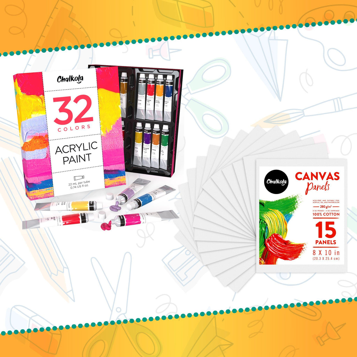 Artists&#39;s Bundle: 32 Acrylic Premium Artist Paint + 15 Canvas Panels