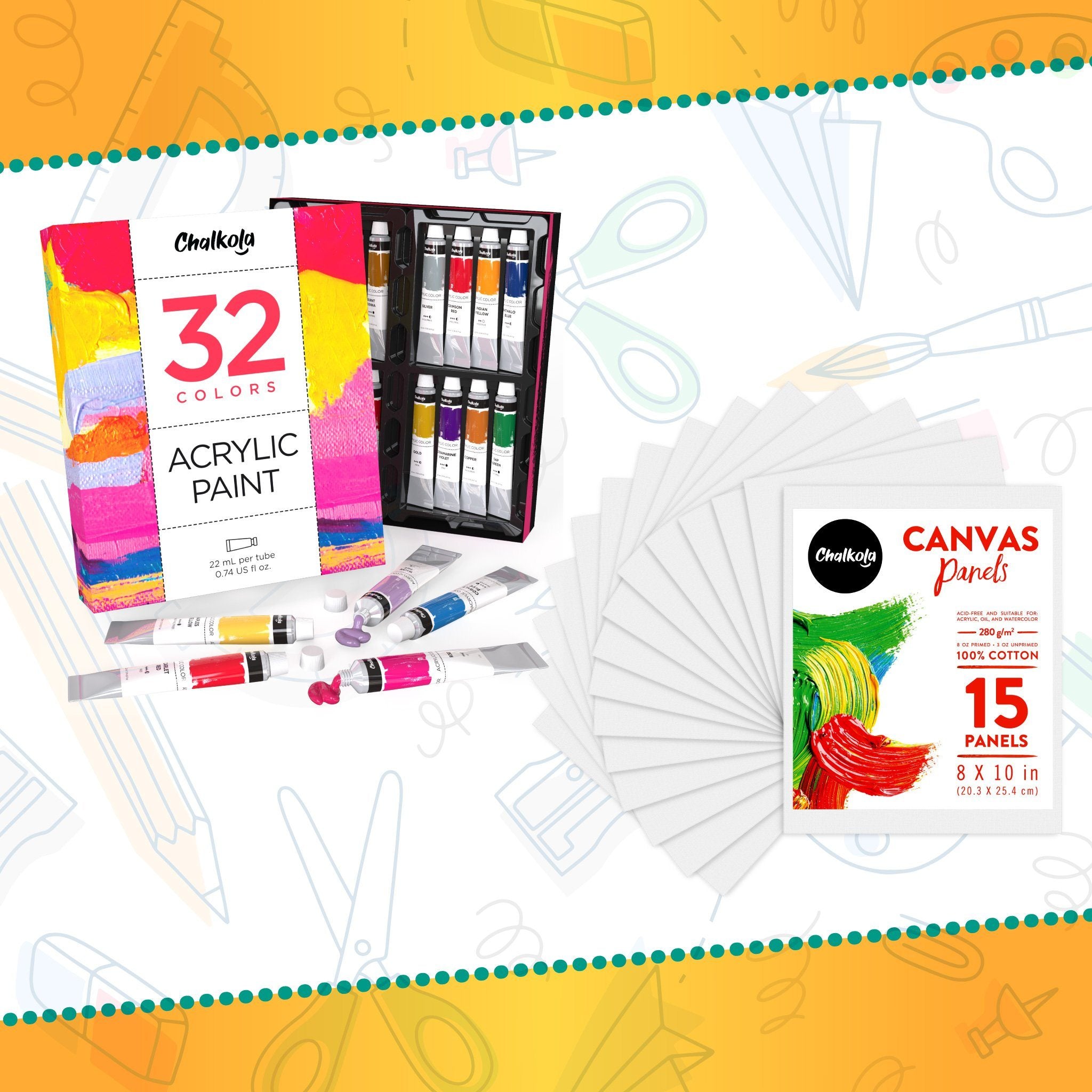 Artist's Bundle: 32 Acrylic Paint + 15 Canvas Panels - Chalkola Art Supply