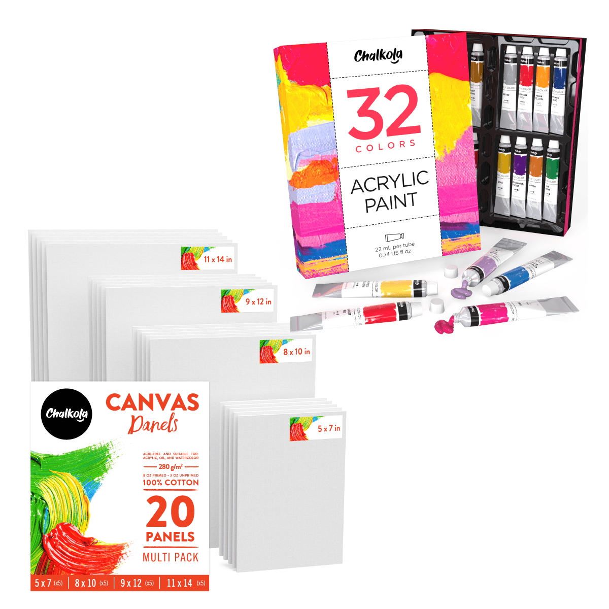 Artist&#39;s Bundle: 32 Acrylic Paint + 20 Canvas Panels 