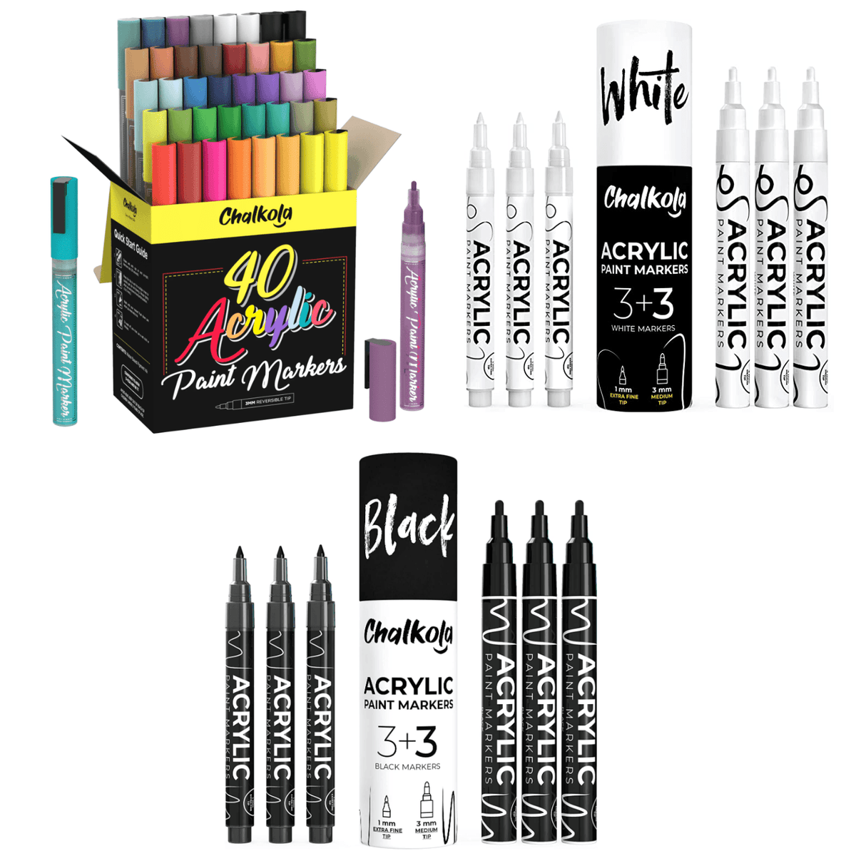 Bundle: Acrylic Paint Pens - 6 White + 6 Black + 40 Multi-Color 