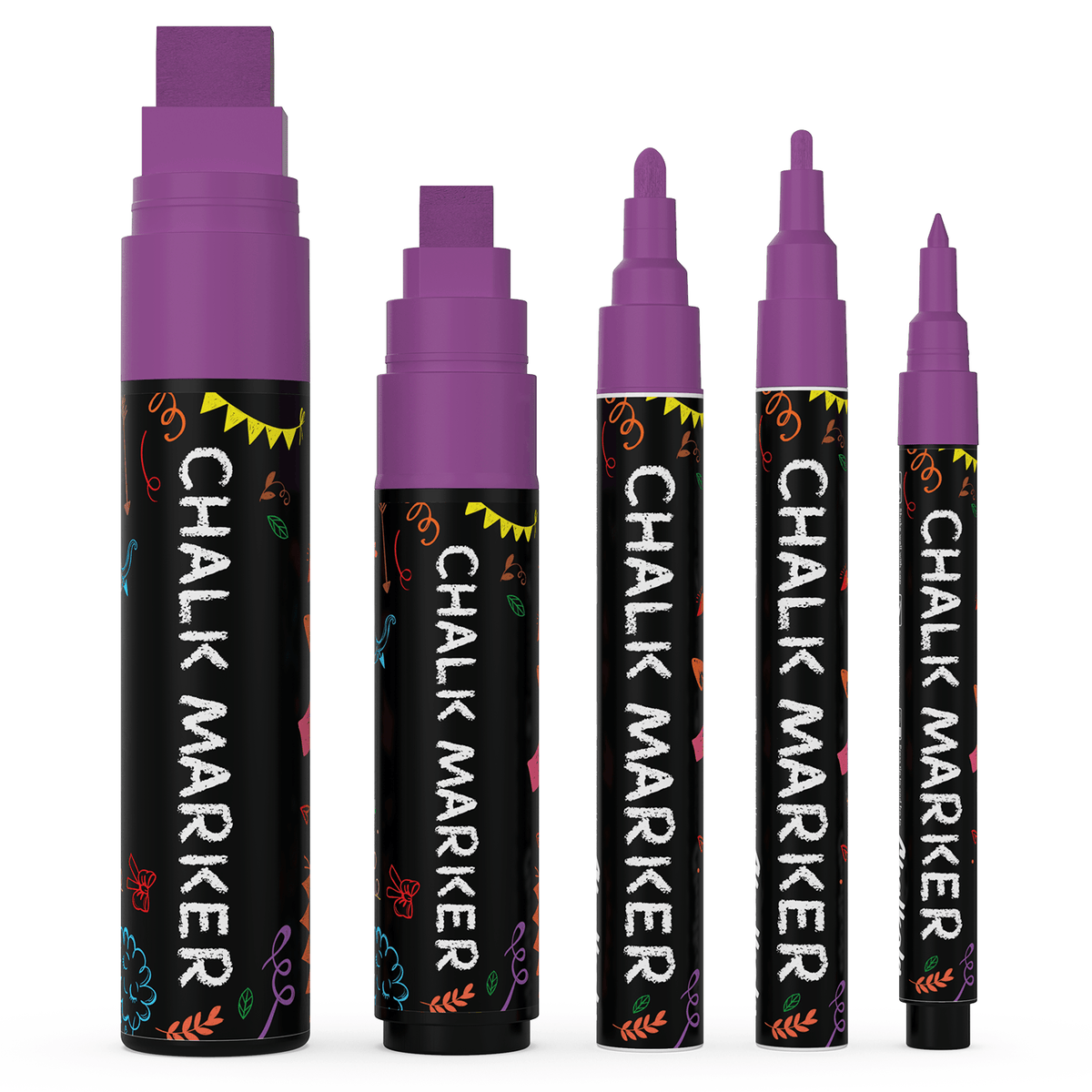 Colored Chalk Markers with Fine and Jumbo Nibs - Variety Pack of 5 Pens Purple 
