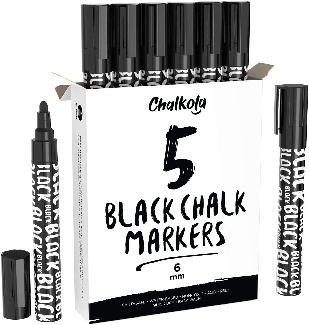 Black Chalk Markers - 6mm Reversible Tip (Pack of 5 Pens)