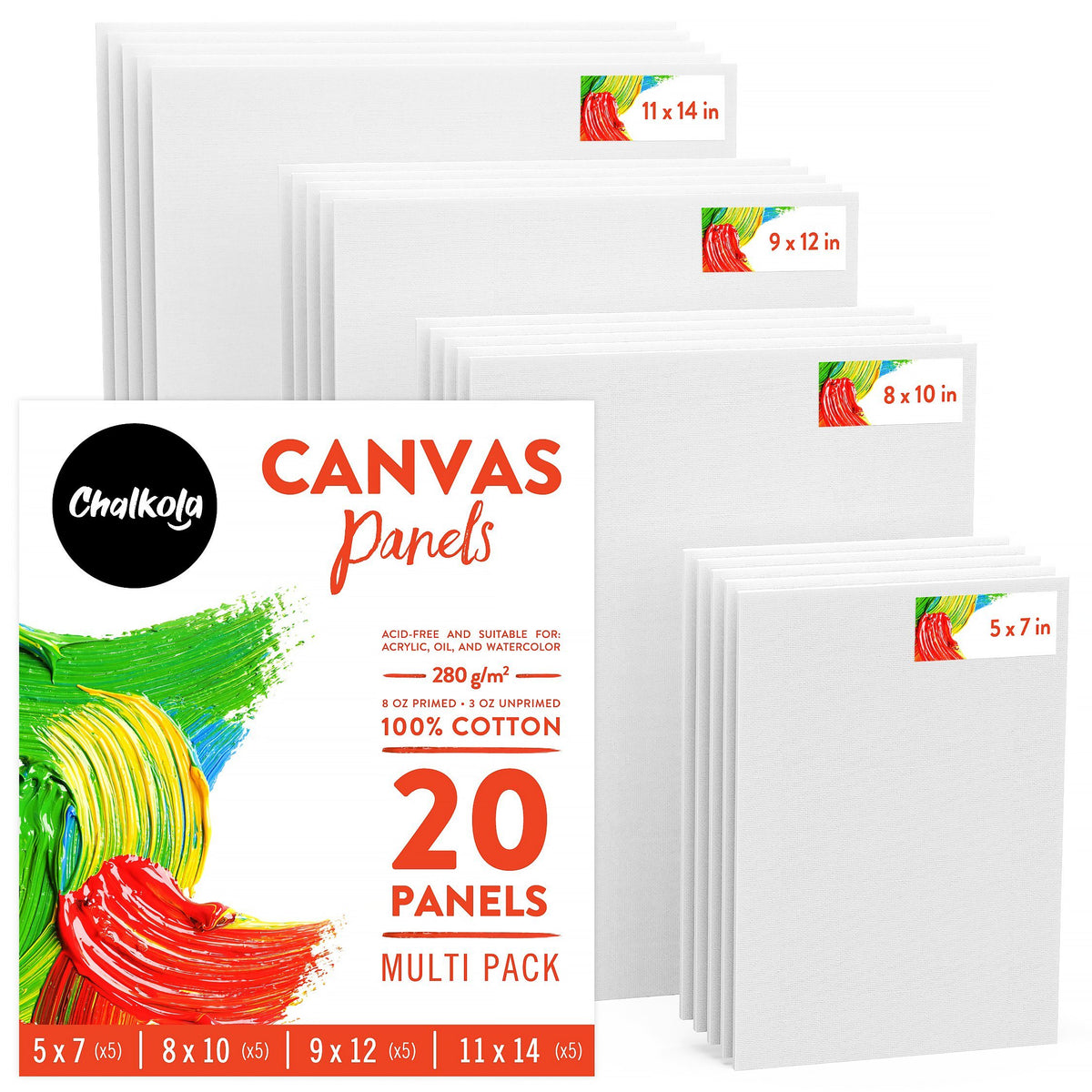 Painting Canvas Panels - 5x7, 8x10, 9x12, 11x14 inch (5 Each, 20 Pack)