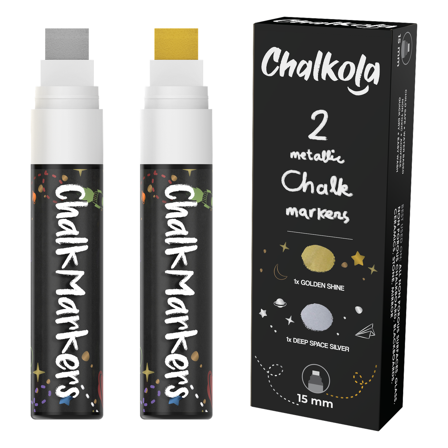 Chalkola Neon Car Window Markers - 10 Chalk Pens (with Gold, Silver) - 3 in 1 Nib, 15mm Jumbo Tip - Washable Liquid Chalk Markers for Blackboard