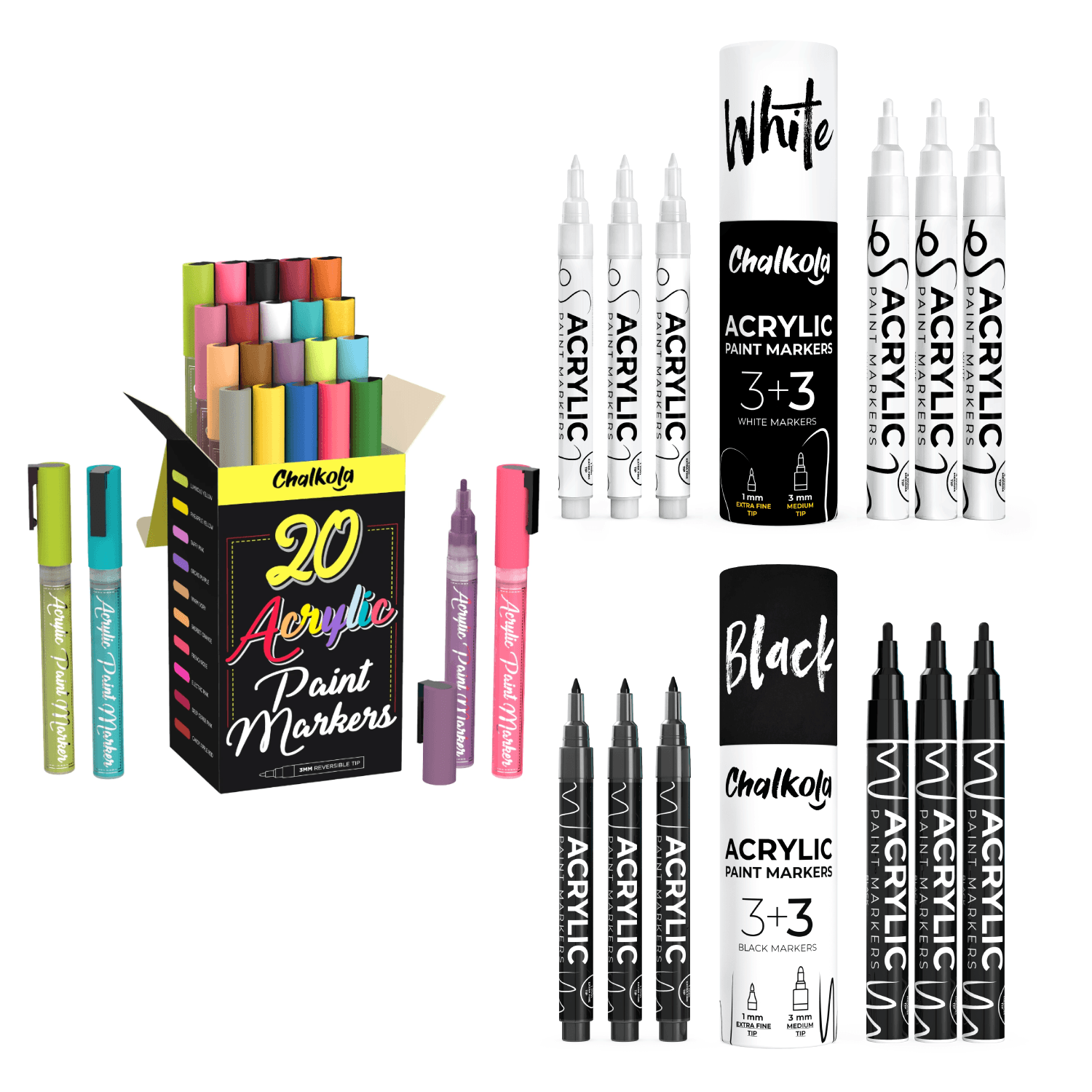 Black Acrylic Paint Marker Pens - Pack of 6, Extra Fine and Medium Tip