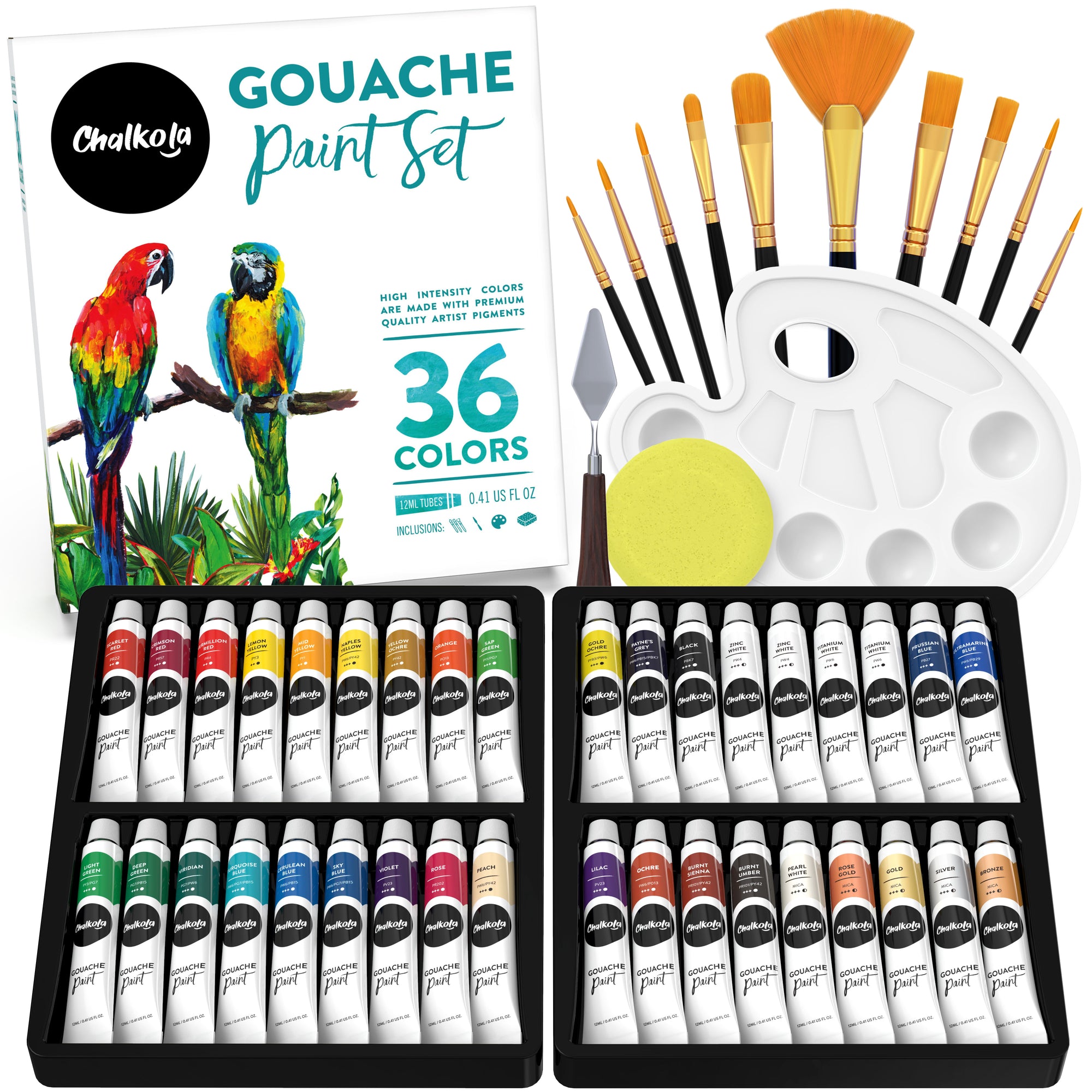 Chalkola Acrylic Paint Set for Adults & Kids - 56 Pcs Canvas Painting Kit with 32 Paints (22ml), 10 Brushes, 10 Canvases, Tabletop Easel, Palette, Kni