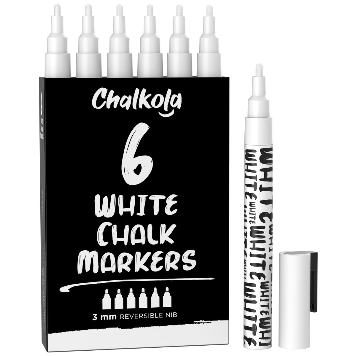 White Chalk Ink Markers with 6mm Reversible Nib - Pack of 5 Pens - Chalkola  Art Supply