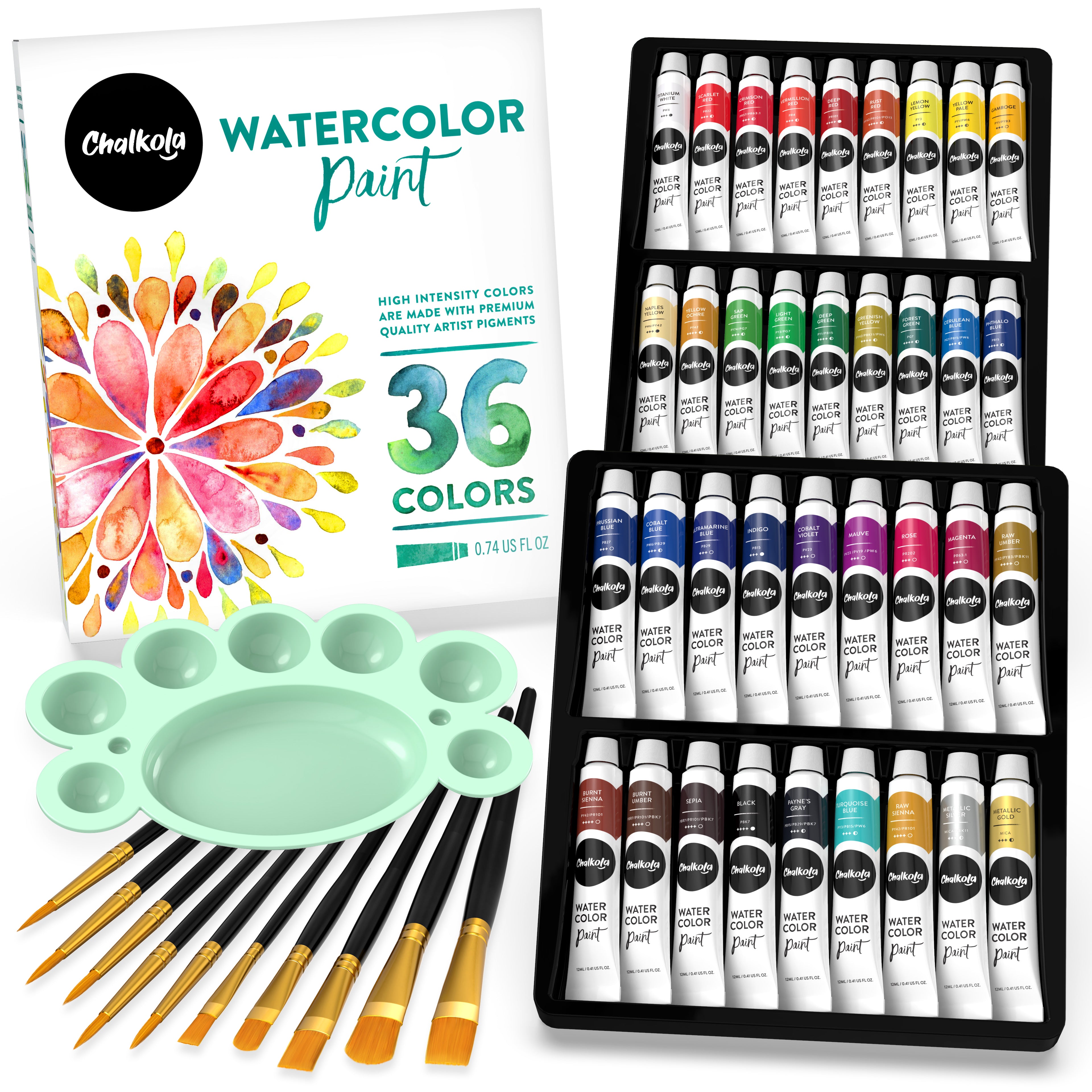 Chalkola Watercolor Paint Set - 36 Watercolor Tubes Set (12ml, 0.4oz) | Rich Pigment, Vibrant, Non Toxic Water Colors for Adults, Kids, Beginner & Pro