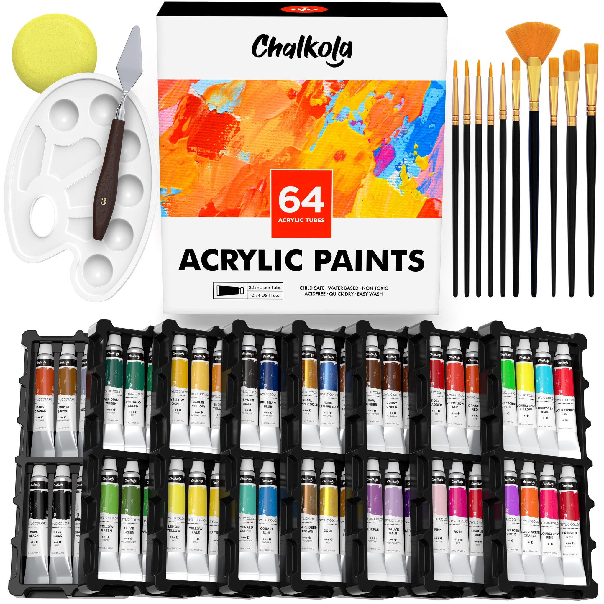 Acrylic Paint Set, 22ml Tubes - Set of 64 - Chalkola Art Supply