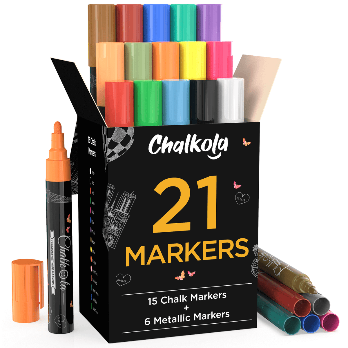 Chalk Markers - Pack of 21 | 6mm Reversible Nib Neon, Classic &amp; Metallic Colors