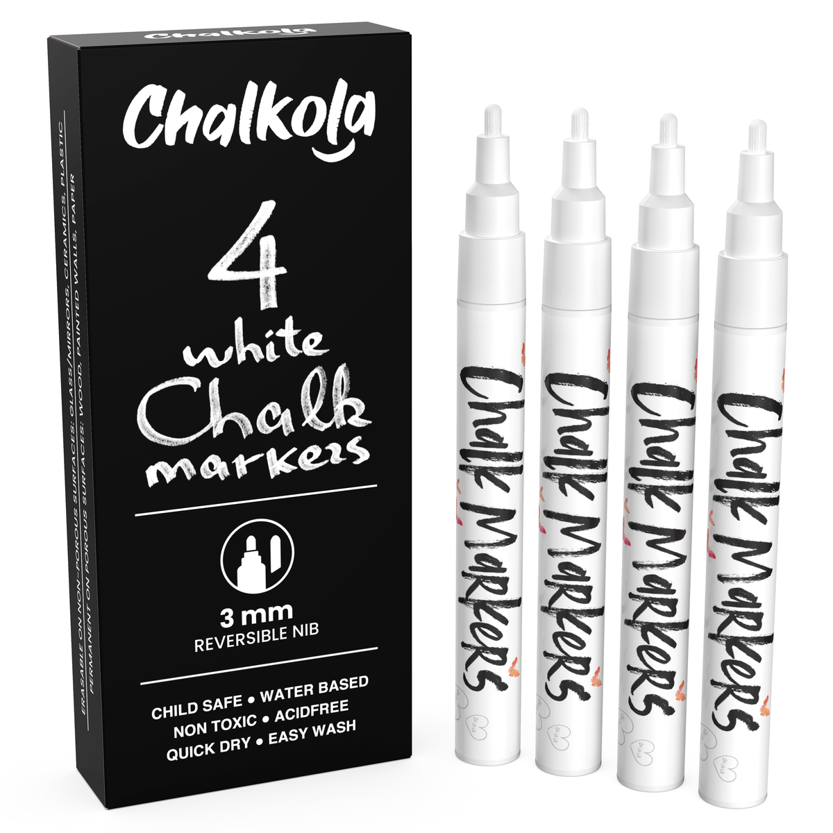 White Chalk Markers - Pack of 4 Pens 3MM TIP 