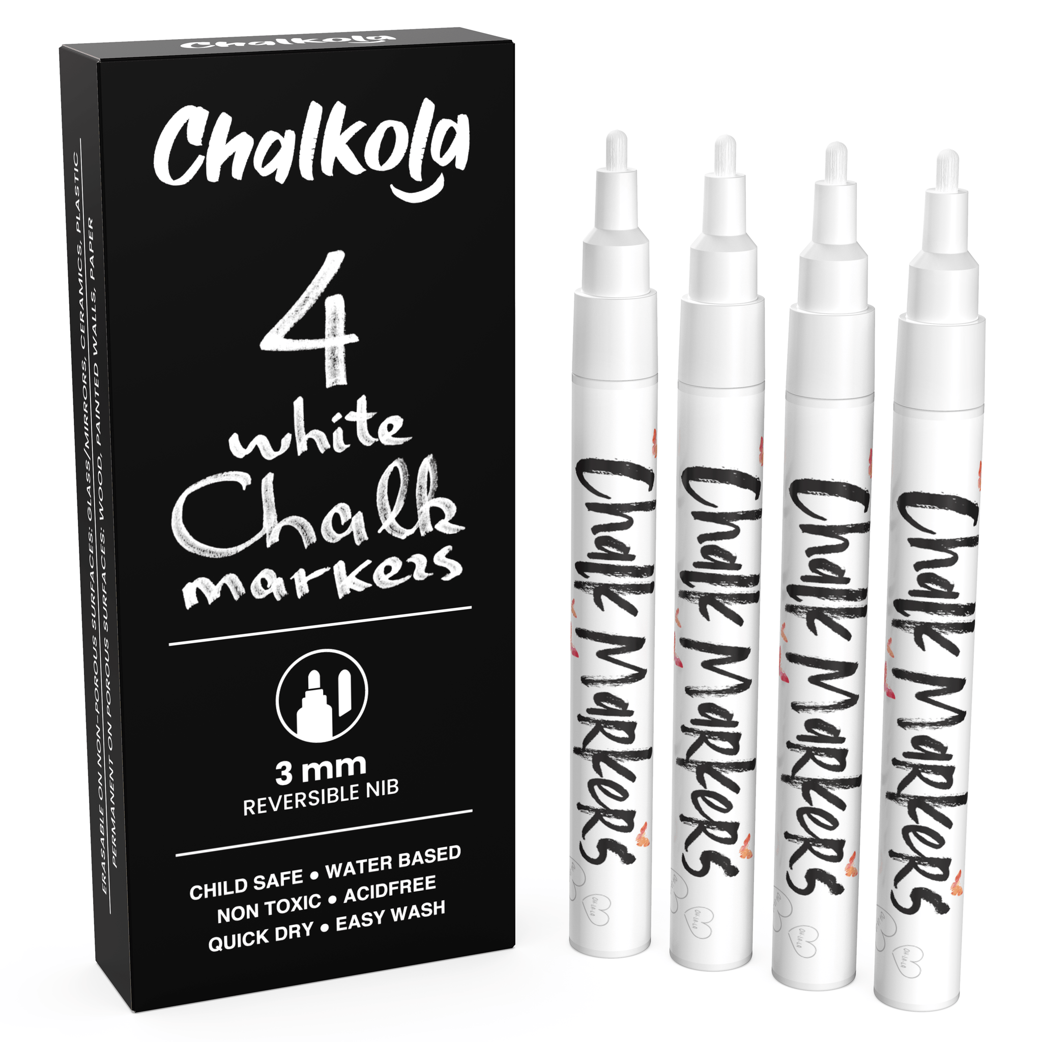 White Chalk Markers Pack of 4 Pens Chalkola Art Supply