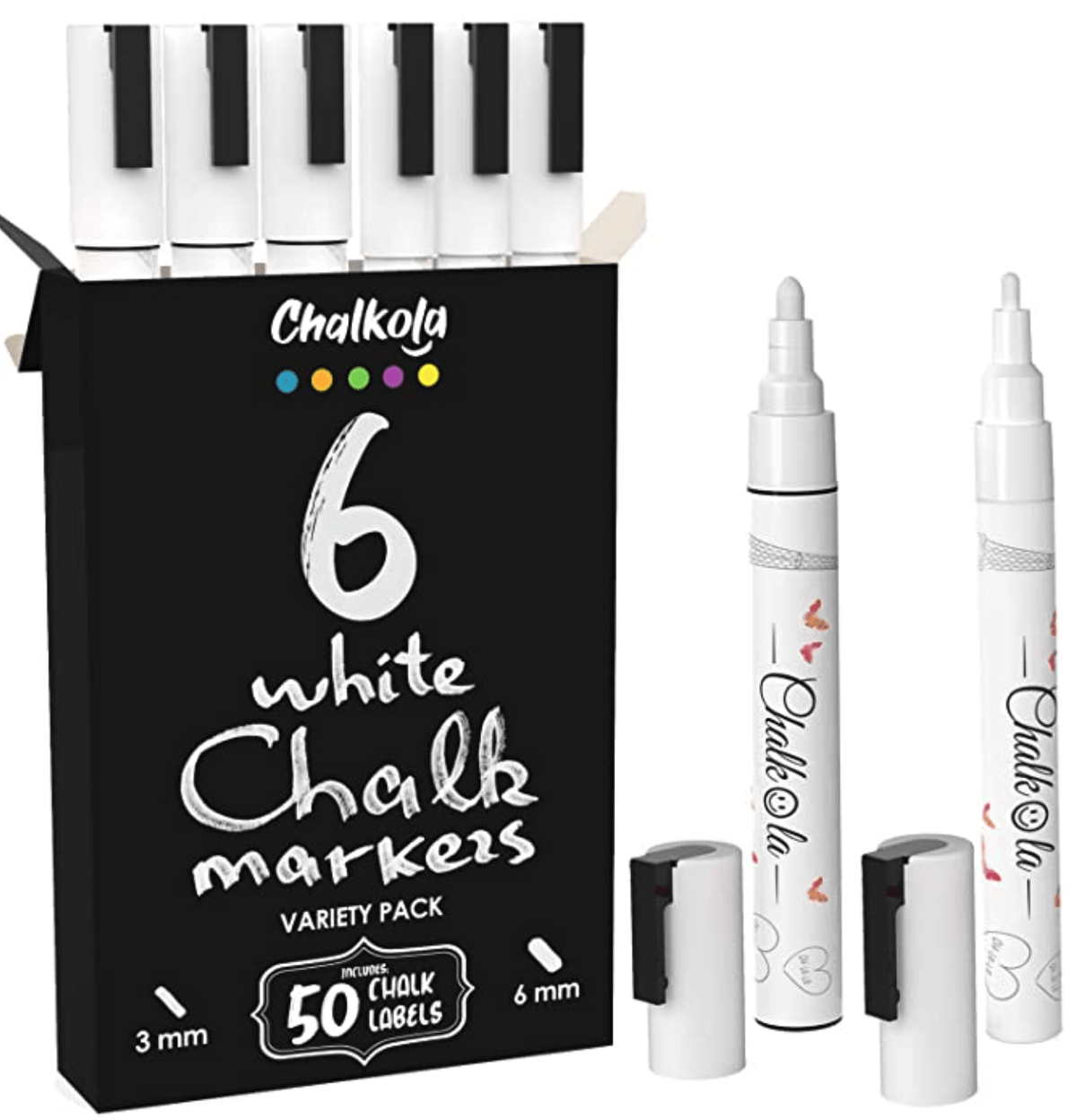 White Chalk Markers - Variety Pack of 6 | Fine and Bold Tip (3mm and 6mm) 